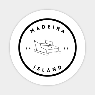 Madeira Island 1419 logo with the traditional toboggan ride/carro de cesto in black & white Magnet